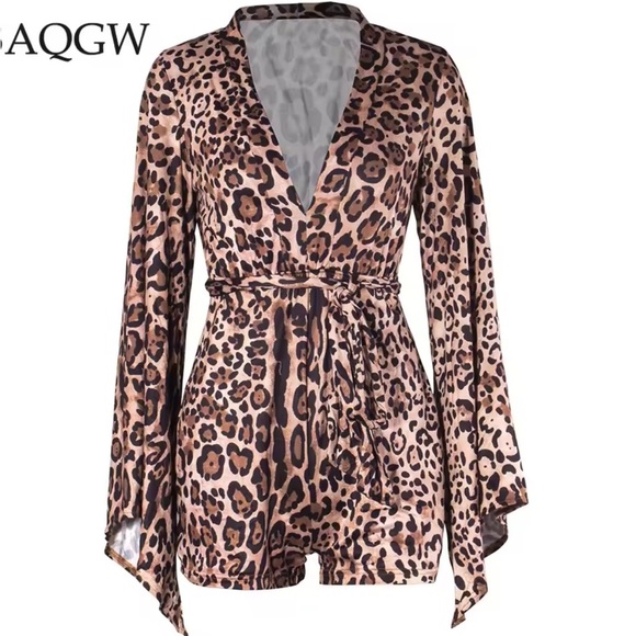 Pants - Cheetah Print Romper Playsuit with V Neck